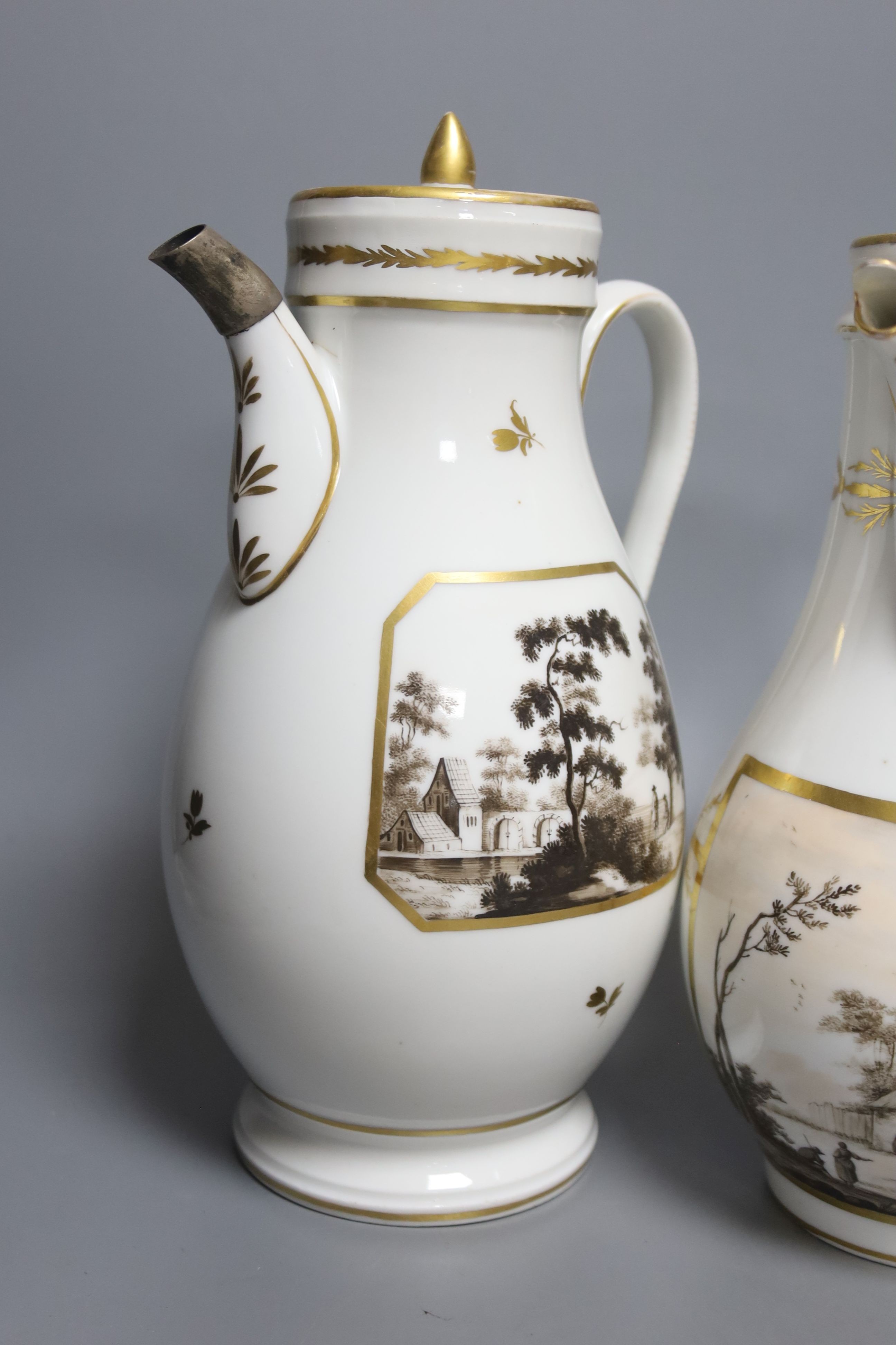 Three 19th century French gilt painted porcelain coffee pots, two without covers, tallest 28cm